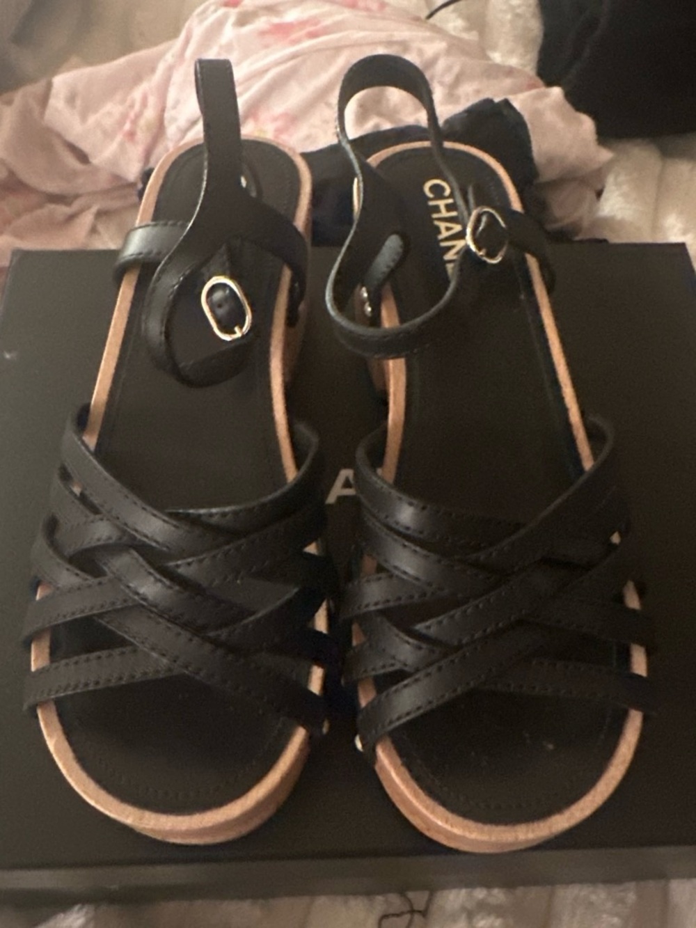 CHANEL Black Leather Cross-Strap Slingback Sandals